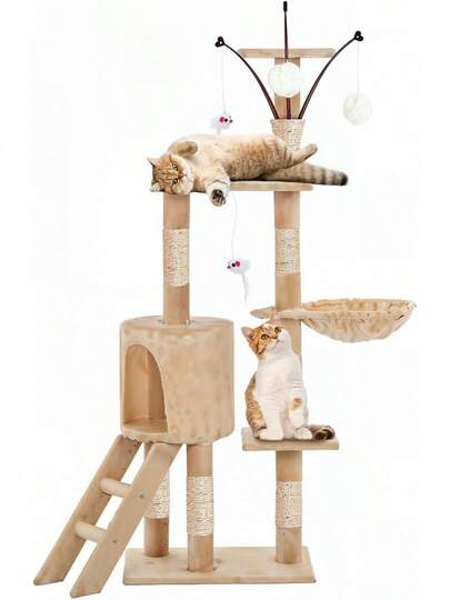 Raganet, Árbol Trepador y Rascador para Gatos, Torre de Actividades de Varios Niveles, Castillo con Escaleras, Hamaca, Cubiertas de Felpa,  y Duradero de 140cm Alto X 50cm Largo (Gris)