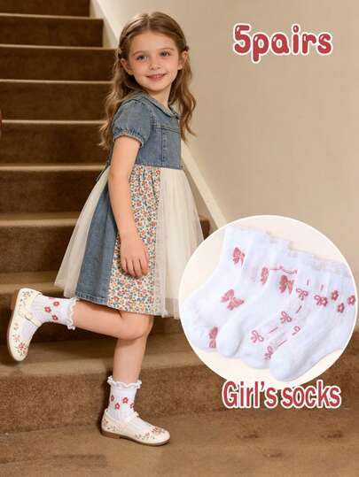 5 Pairs Girls' Flower & Bow Jacquard Mesh Lace Ankle Socks, Spring/Summer Breathable White Short Socks, Suitable For Girls' Daily Wear