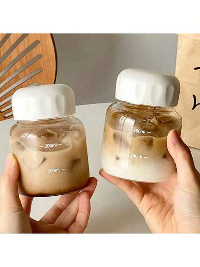 2pcs Mini Portable Glass Milk Bottles, [Mini Portable] Takeaway Glass Coffee Cup Water Bottle With Lid, Milk Cup Drinking Cup, Heat-Resistant Tea Cup, Household Kitchen Daily Use Sealed Travel Mug, Dishwasher , Suitable For Milk, Coffee, Flower Tea, Etc.
