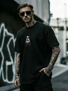 Camiseta masculina de manga curta casual de verão, estilo vintage com estampa de caveira escura, gola redonda, tecido de poliéster, ideal para esportes e atividades físicas. - Preto - Ver 4