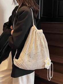 女士抽绳编织网袋双肩包，简约时尚手提包，独特的米色钩针编织双肩包，抽绳闭合，开口设计，新款极简主义编织网抽绳镂空针织女士双肩包，独特的波西米亚风钩针编织手提包 - 时尚夏季沙滩手提包，适合休闲外出和放松，沙滩包，适合海滩和休闲穿着，沙滩必备包款，适合海滩和休闲旅行 - 彩色 - 查看 9