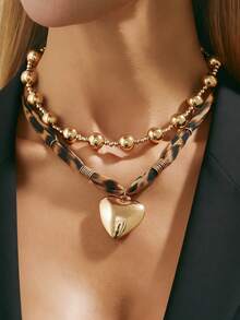2件套波西米亚几何串珠心形吊坠豹纹项链，简约优雅，适合日常休闲、派对、街头风、情侣约会、度假、节日生日等场合，百搭饰品，是馈赠佳品。 - 項鍊 - 查看 3
