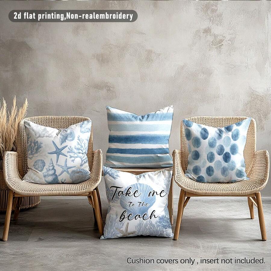 4pcs Simple Blue Ocean Coral Pattern Throw Pillow Covers, Single-Sided Printed Soft Peach Velvet Material, 45*45CM Cushion Covers Suitable For Home Bedroom Living Room Party Holiday Decor, Sofa Decorative Pillow Covers Gift, No Pillow Insert - Multicolor - View 1