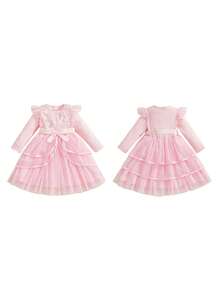 Toddler Dress Girls Ruffle Long Sleeve Layered Tulle Dress Fall Spring Fashion Party Dresses 3-10T, Kids Holiday Birthday Wedding Outfit - Hồng - Xem 10