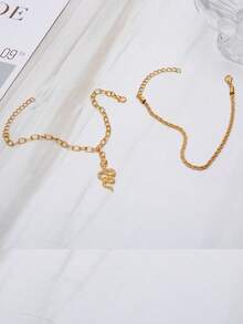 Bộ 1 mặt dây chuyền dây rắn bện mạ vàng thời trang và vòng chân hai lớp. - rắn - Xem 3