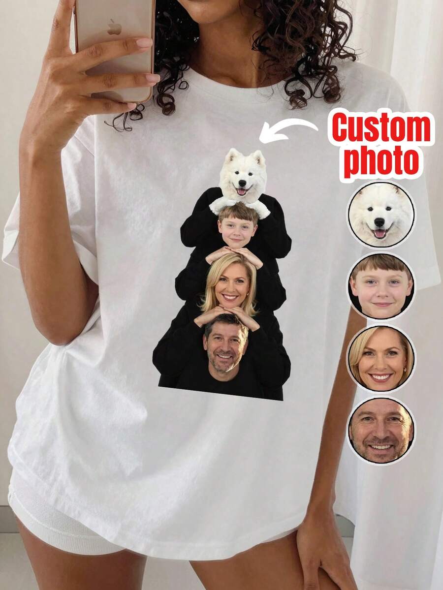 Personalized Custom Face T-Shirt, DIY Fun Pattern T-Shirt, Add Your Favorite Photos And Text (Photo/Couple Photo/Photo/Selfie/Pet Photo/Friend Photo) - White - View 1