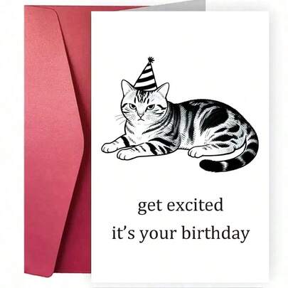 一张可爱又有趣的猫咪生日贺卡，送给爱猫人士。兴奋起来吧！今天是你的生日！贺卡尺寸为 4.92 英寸 x 6.93 英寸。这是一份创意十足的生日礼物，适合送给朋友、丈夫、男友、妻子、女友、家人、兄弟姐妹、父母、伴侣、同事、同学、爱人等。适用于各种场合。