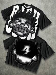 Graphic-Shirt Cotton Tees Size Plus,Manfinity Roghcode Plus Size Men's Street Style Loose Distressed Funny Diamond Teeth Tattoo Print Plus Size Short T-Shirt ,Y2K,Oversized Shirt Men,Summer Tops - Black - View 1