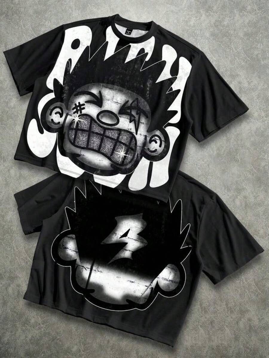 Graphic-Shirt Cotton Tees Size Plus,Manfinity Roghcode Plus Size Men's Street Style Loose Distressed Funny Diamond Teeth Tattoo Print Plus Size Short T-Shirt ,Y2K,Oversized Shirt Men,Summer Tops - Black - View 1