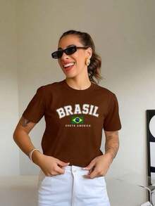 Women's T-Shirt With Brazil World Cup Print, Cotton Blouse, Round Neck - 鏽棕色 - 查看 3