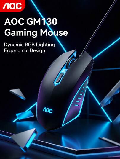  Mouse de gaming AOC, patru setări DPI cu comutare cu un singur buton, efecte de iluminare RGB dinamice, design ergonomic al mânerului, mouse antiderapant și rezistent la uzură pentru sporturi electronice.