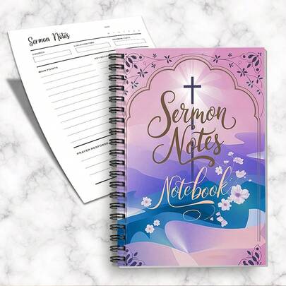 DANPERJI A5渐变紫蓝螺旋装订讲道笔记本，花卉十字架信仰笔记本，适用于教堂和祈祷。