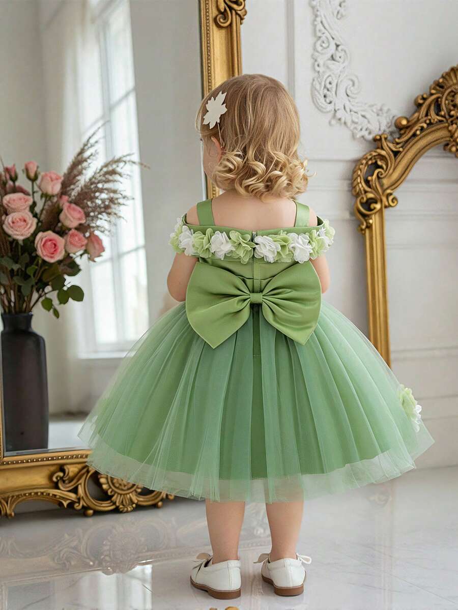 女婴花朵薄纱可爱蓬蓬花童礼服，适合一周岁生日庆祝和外出，不含头饰 - 綠色 - 查看 1
