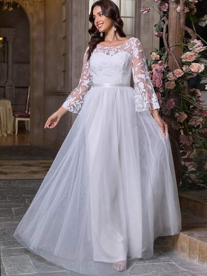 Women's Elegant Vintage Modest Elegant Romantic Lace Zipper Applique Lace Patchwork Bridal Shower Wedding Dresses For Bachelorette Party Engagement Brunch Honeymoon Reception Rehearsal Wedding, Formal Party, Prom, Spring/Summer/Autumn