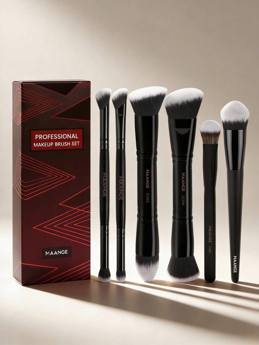 MAANGE 6pcs Professional Makeup Brush Set: Blush Brush, Powder Brush, Foundation Brush, Blending Brush, Eyeshadow Brush, Concealer Brush, Highlighter Brush, Contour Brush, Nose Shading Brush, Makeup Tools Cosmetic Brush Set Beauty Brush Kit Gift For Women & Girl Travel Makeup Brush Set - Black - View 1