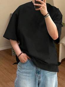 Camiseta informal de manga corta y cuello redondo para hombre en unicolor para el verano y holgada - Negro - Ver 6