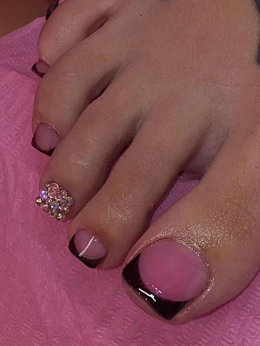 24pcs White French Short Square Nail Stickers With Rhinestone Decor, Acrylic Material, Includes 1pc Gel And 1pc Nail File, Suitable For Daily And Party Use For Women Press On Nails - Multicolor - View 1