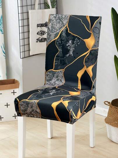 1/4/6pcs Milk Silk High Backrest Chair Covers, Black & Gold Geometric Print, Minimalist Textured High Elasticity Dust-Proof, Suitable For Living Room, Dining Room, Bedroom, Study, All Seasons