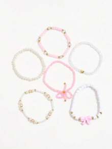 6pcs/Set Fashionable Pink Bow & Heart Beaded Bracelet Set - Pink - View 3