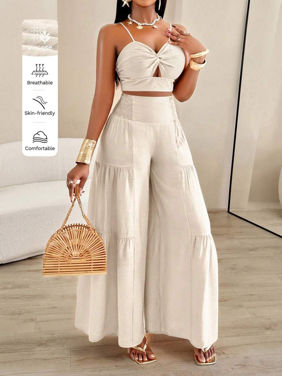 AIJ Women's Summer Vacation Twist Camisole + Pleated Wide Leg Pants 2 Pieces Set - Beige - View 1