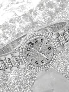 6件套优雅奢华女士石英表，女士奢华全钻银表配饰套装，包括银色全钻罗马数字石英表、全钻链手链、项链、耳环和戒指。 - 銀色 - 查看 4