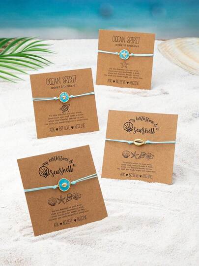 1件手工波西米亚海洋海星海龟贝壳串珠手链，可调节尺寸冲浪手链套装和脚链套装，度假风波西米亚时尚海滩风女士饰品