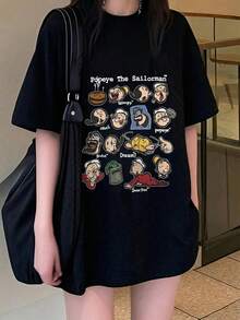 新款复古美式卡通印花短袖T恤，独特设计修身休闲上衣，夏季黑色 - 黑色 - 查看 4
