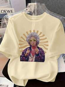Plus Size Women's Casual Graphic Print Round Neck Short Sleeve T-Shirt, Suitable For Spring, Summer, Autumn, Plus Size Tee For Elderly Ladies, Back To School, Summer Vacation, Summer Clothing - Apricot - View 5