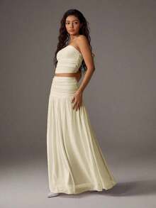 2pcs Set Women Romantic Pink Mesh Bandeau Top And High Waist Pleated Mesh Maxi Skirt, Vacation Outfit Spring/Summer - Màu vàng - Xem 6