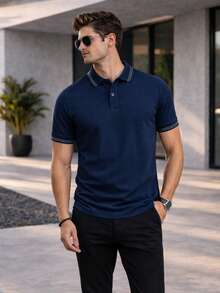 Men's POLO Shirt WITH STRIPED COLLAR Basic Elegant Premium Cotton Casual - Màu xanh lam - Xem 1