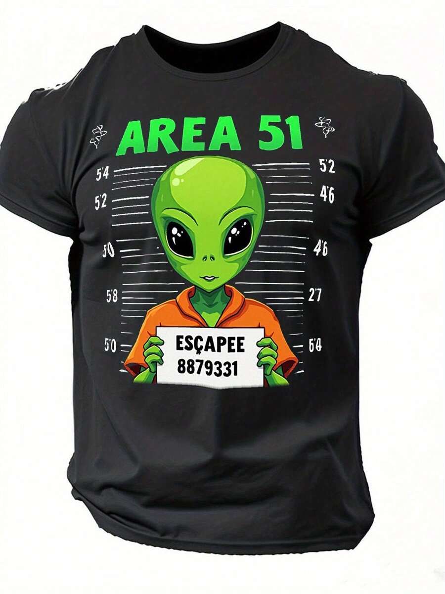Unisex "Area 51 Alien Fugitive" Funny Print T-Shirt, Black UFO Pattern, Prison Escape Design, Soft Breathable Pure Cotton, For Sci-Fi Fans And Conspiracy Theorists, Birthday Gift For Alien Enthusiasts, Everyday Wear, Fun Print, Durable Fabric, Pop Culture Top, Casual Style - 黑色 - 查看 1