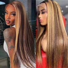 棕金色钢琴音色长直发假发 13x4 高清蕾丝前假发 耐热合成混纺人发假发 预拔毛自然发际线 短款波波头直发 - S4/27 - 查看 4