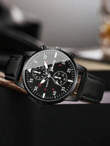 3PCS Men's Fashion Black PU Leather Strap Simple Business Style Quartz Watch +Stylish Bracelet, Necklace Set, Daily Wear Decoration, Holiday Gift - Black - View 2