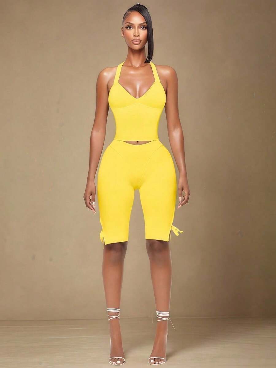 2PC Spring And Summer Neck Tie, Chest, Backless Bow, Pants, Solid Color Set - 黃色 - 查看 1