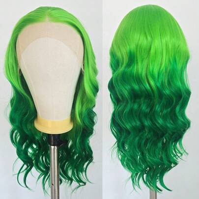 Ombre Green Long Wavy Synthetic 13X4 Lace Front Wig, Heat Resistant Natural Hairline For Daily Wear & Cosplay