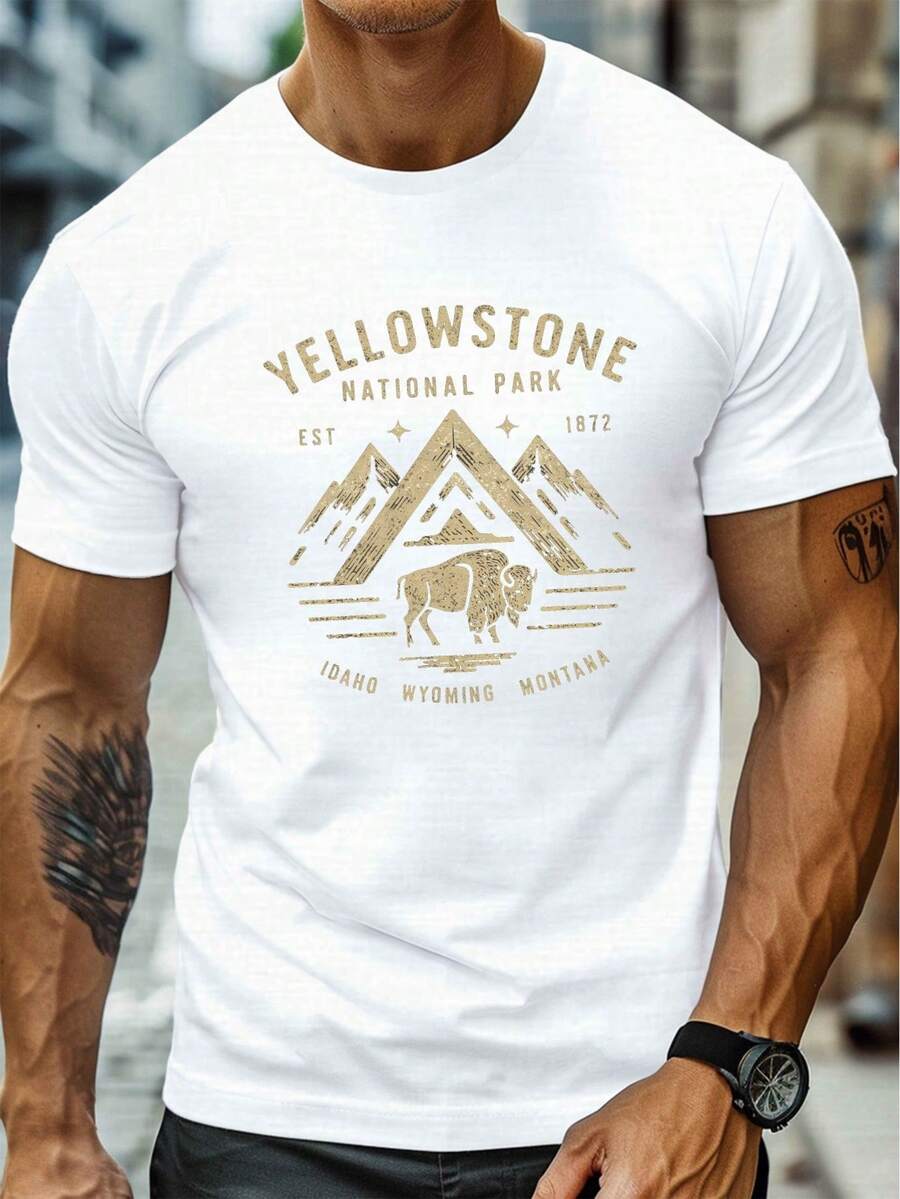 Camiseta Ligera con Estampado de Bisones del Parque Nacional - Camiseta para Hombre, ligeramente elástica, diseño geométrico, tejido de punto - Estilo cómodo de verano 100% Algodón - Blanco - Ver 1