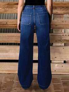 Celana Jeans Kasual Slim Straight Wanita Model Baru dengan Banyak Kancing, Bahan Denim Berkualitas Tinggi untuk Musim Semi - Medium Wash - View 7