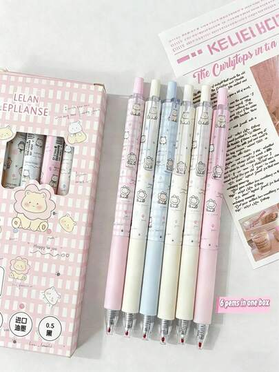 6pcs Spring Animal Design Retractable Ballpoint Pens, Minimalist Quick-Drying High-Quality Cute Stationery Pens For Students