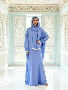 Middle Eastern Ramadan New Lace Trim Loose Elegant Long Dress (Including Headscarf) - Blue - View 3