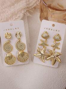 6件套时尚金属质感夏季度假风海星、贝壳、海螺多元素耳环，女士时尚耳环，轻盈CCB材质，适合日常佩戴 - 金色 - 查看 2