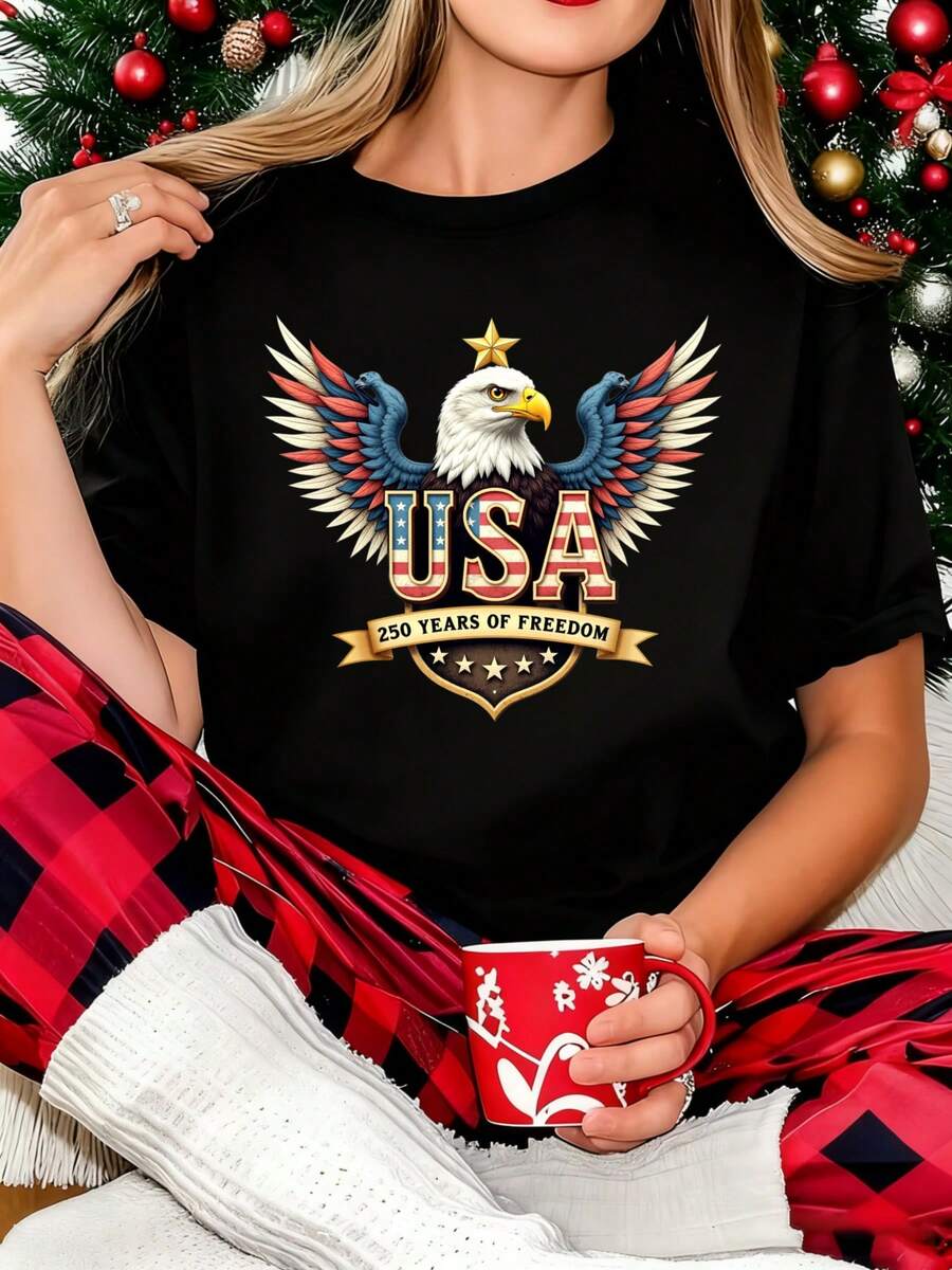 Casual Women'S V-Neck T-Shirt Featuring The USA Eagle And American Flag, Celebrating 250 Years Of Freedom, Perfect For Independence Day And The 250Th Anniversary. Machine Washable And Ideal For Everyday Wear - màu đen - Xem 1