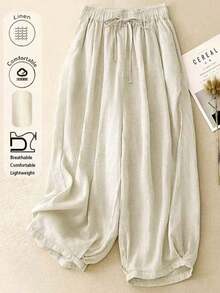 Comfortable Casual High Waist Elastic Linen Pants, Draping Effect, Suitable For Autumn & Summer - 杏色 - 查看 7