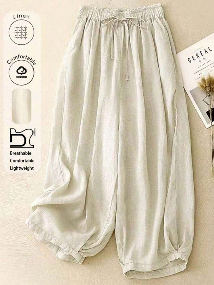 Comfortable Casual High Waist Elastic Linen Pants, Draping Effect, Suitable For Autumn & Summer - Apricot - View 1