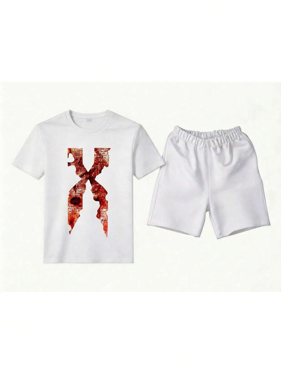 Conjunto para hombre estilo streetwear con estampado abstracto de letra símbolo tela cómoda ajuste holgado cuello redondo manga corta verano uso diario casual set de camiseta y short - Blanco 1 - Ver 1