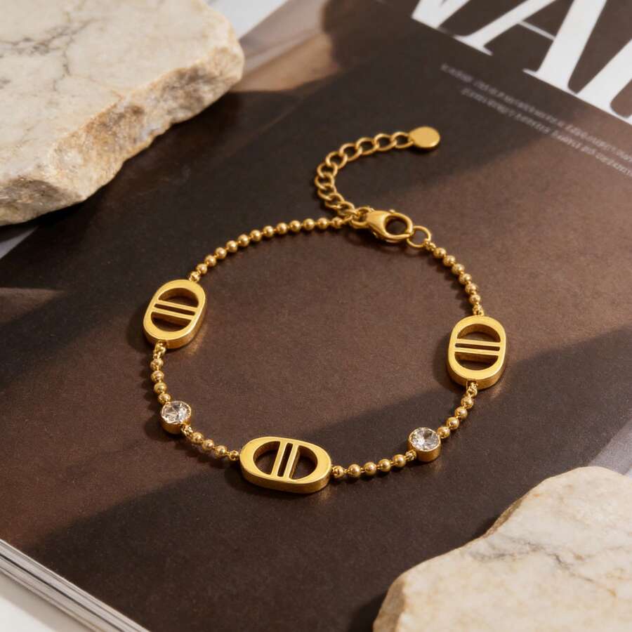 女士时尚CD字母手链，不锈钢镶嵌合成立方氧化锆手链，适合日常、休闲、派对叠戴、情人节、生日礼物 - C213手鍊 - 查看 1