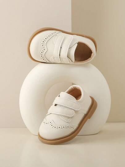 1 Pair Toddler/Kids Perforated Floral Leather Hook And Loop Round Toe Low Heel British Style Canvas Shoes, Suitable For Daily Wear, 1st Birthday Party, School Activities [Please Select Size Based On Actual CM Measurement]