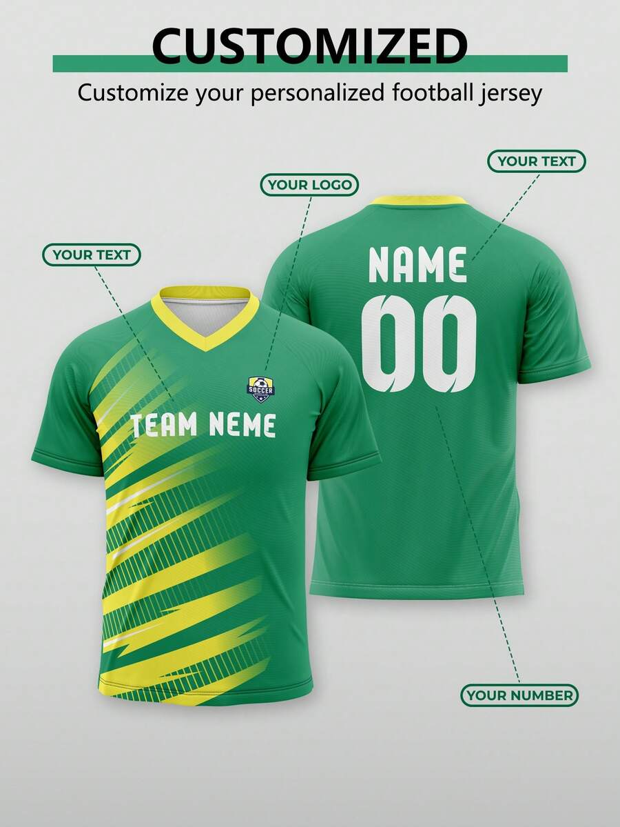 1pc Customized 2026 Soccer (Football) Team Jersey, Made Of Yellow And Green Fabric. Customized Team Uniform. Design Features Include Patterns And Letters. Player Number And Name Can Be Personalized. This Soccer Jersey Is Perfect As A Gift For Watching Matches, Father's Day, Or Wearing During Celebrations. Very Exciting! Sports - Green - View 1