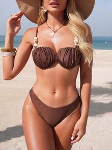 Women's Elegant Backless Spaghetti Strap Bikini Set With Ruched Bust And Beaded Details High Stretch Fabric - Brown - View 1