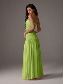 2pcs Set Women Romantic Pink Mesh Bandeau Top And High Waist Pleated Mesh Maxi Skirt, Vacation Outfit Spring/Summer - Green - View 2
