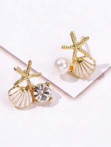 2件套设计师百搭海星贝壳梦幻粉色耳钉优雅海洋创意珍珠镶嵌耳环 - 米色 - 查看 4